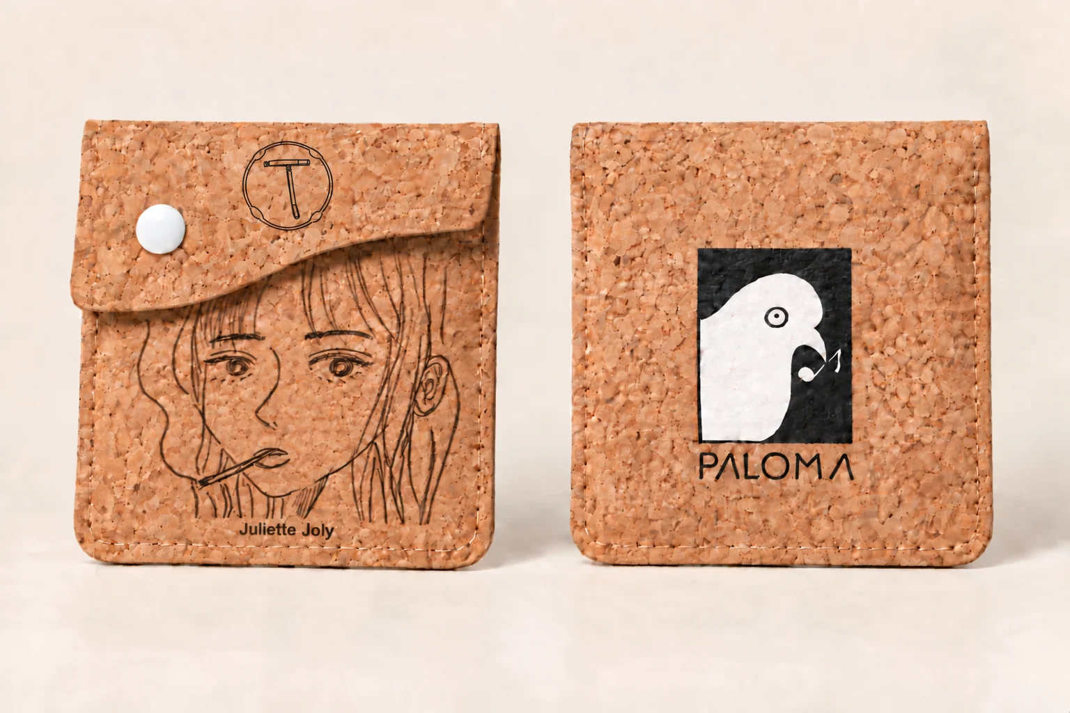 Rauchendes Frauenporträt vorne, Paloma-Logo hinten auf Kork