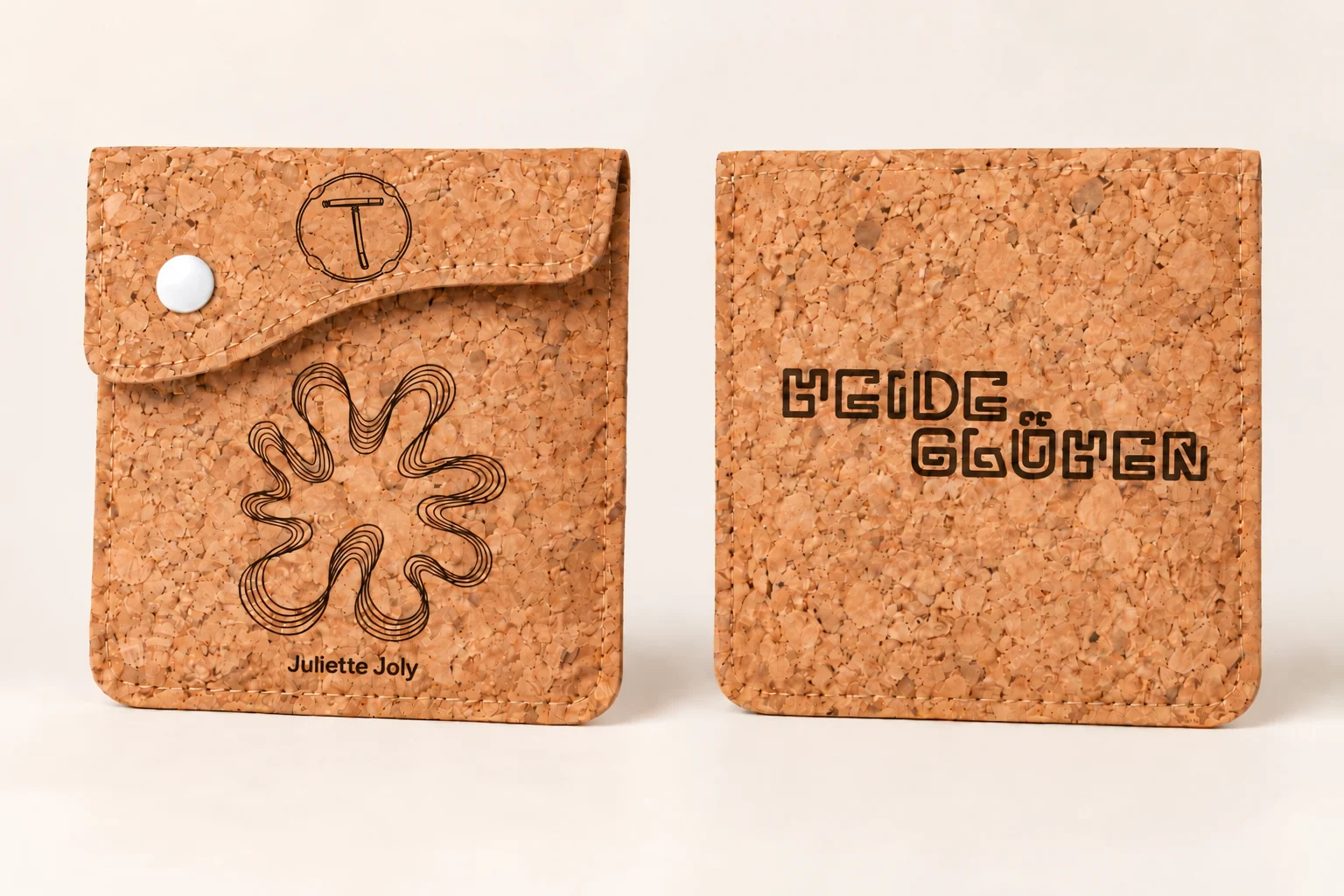 Heidegluehen: Kork-taschenbecher, links Kunstmotiv auf der Vorderseite, rechts Clublogo auf der Rückseite