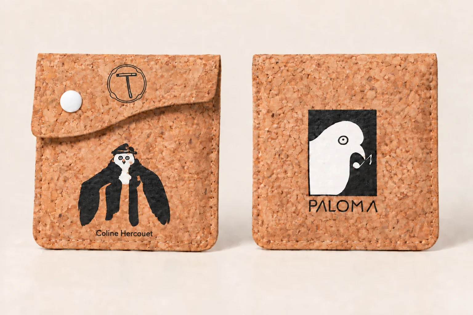 Paloma: Kork-taschenbecher, links Kunstmotiv auf der Vorderseite, rechts Clublogo auf der Rückseite