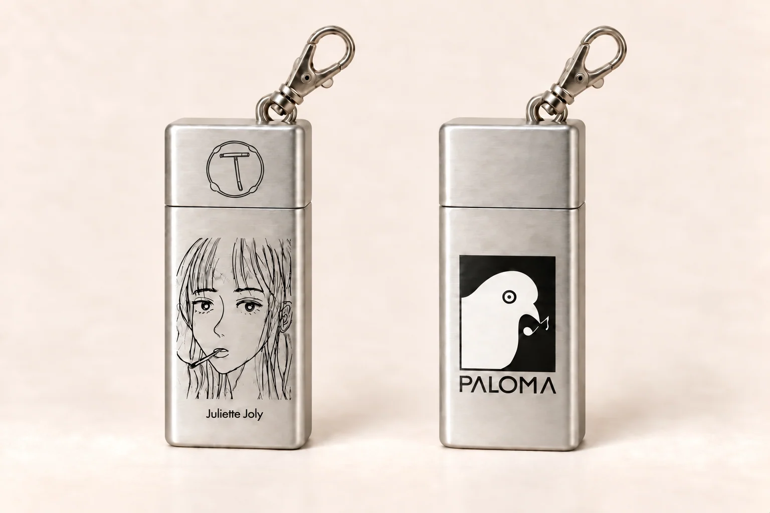 Rauchendes Frauenporträt vorne und Paloma-Logo hinten auf Metall