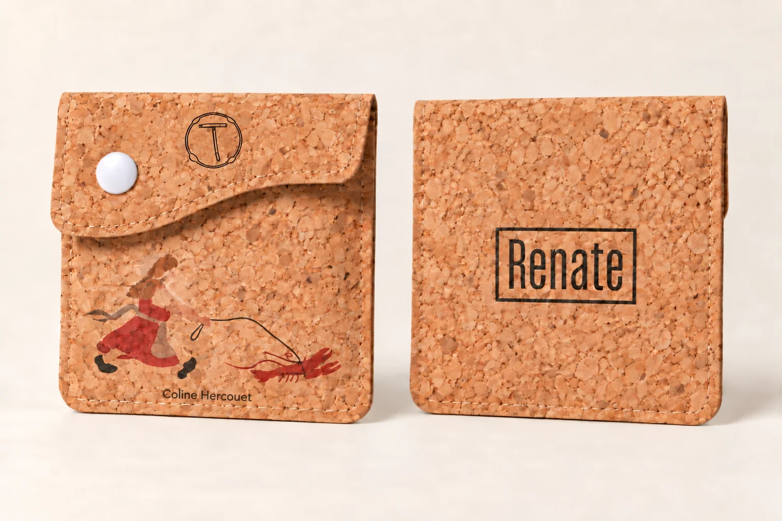 Renate: Kork-taschenbecher, links Kunstmotiv auf der Vorderseite, rechts Clublogo auf der Rückseite
