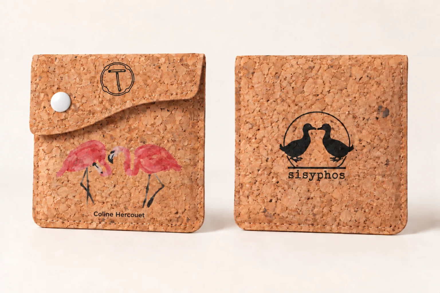 Sisyphos: Kork-taschenbecher, links Kunstmotiv auf der Vorderseite, rechts Clublogo auf der Rückseite